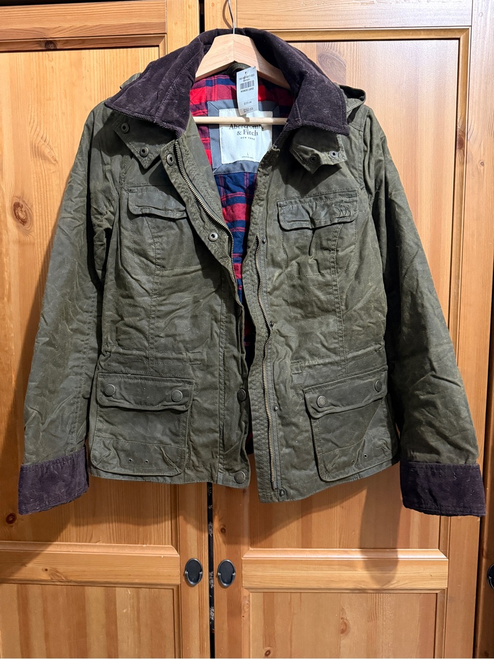 Abercrombie & Fitch Women Waxed Olive Green Field Jacket with Corduroy Trim